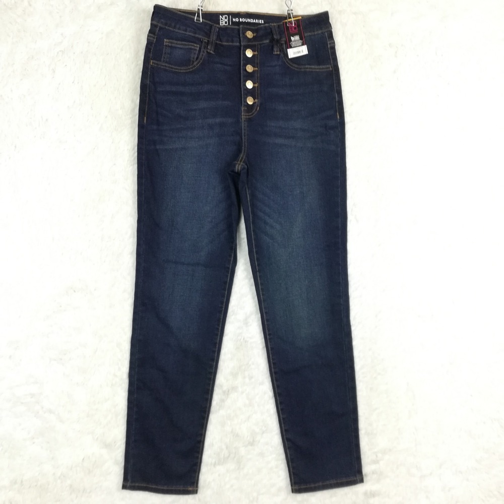 No Boundaries Womens Jeans Button Fly‎ Skinny High Rise Blue Denim Dark 11 New